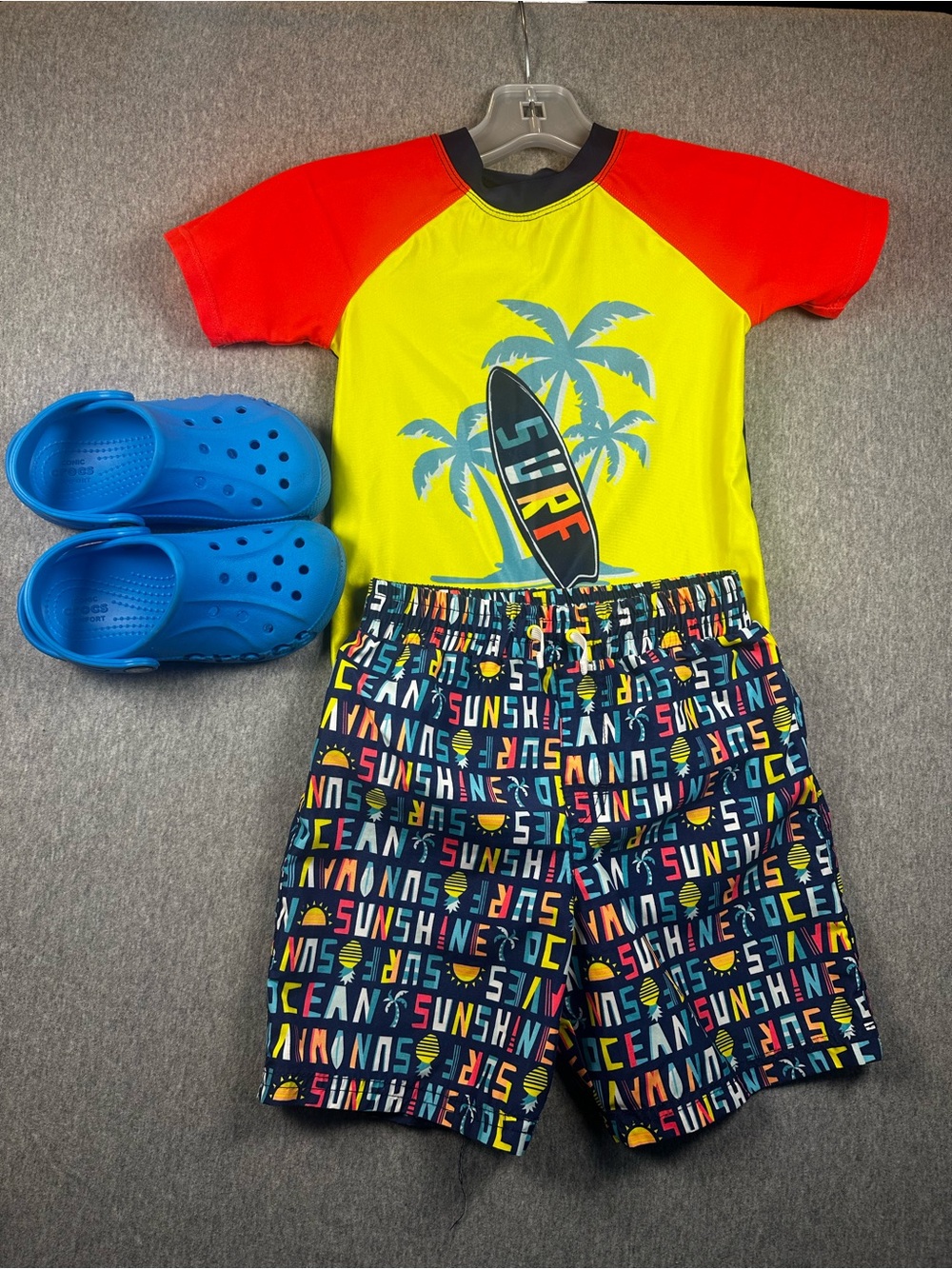 Boys Swim Set + Crocs Bundle – Rash Guard, Swim Trunks & Blue Crocs for 3-5y